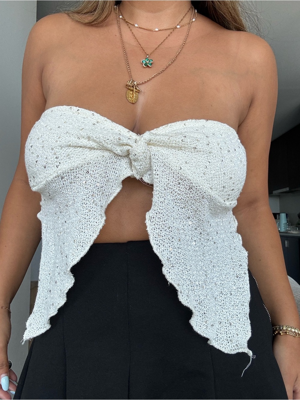 Pull&Bear White Strapless Tie-Front Knit Top